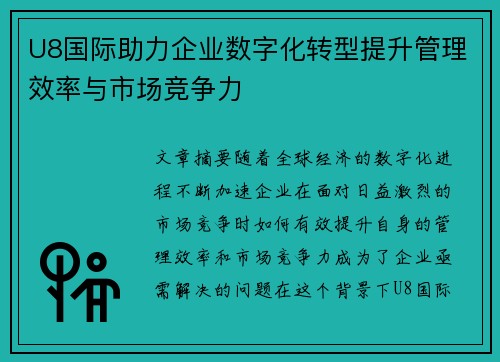 U8国际助力企业数字化转型提升管理效率与市场竞争力
